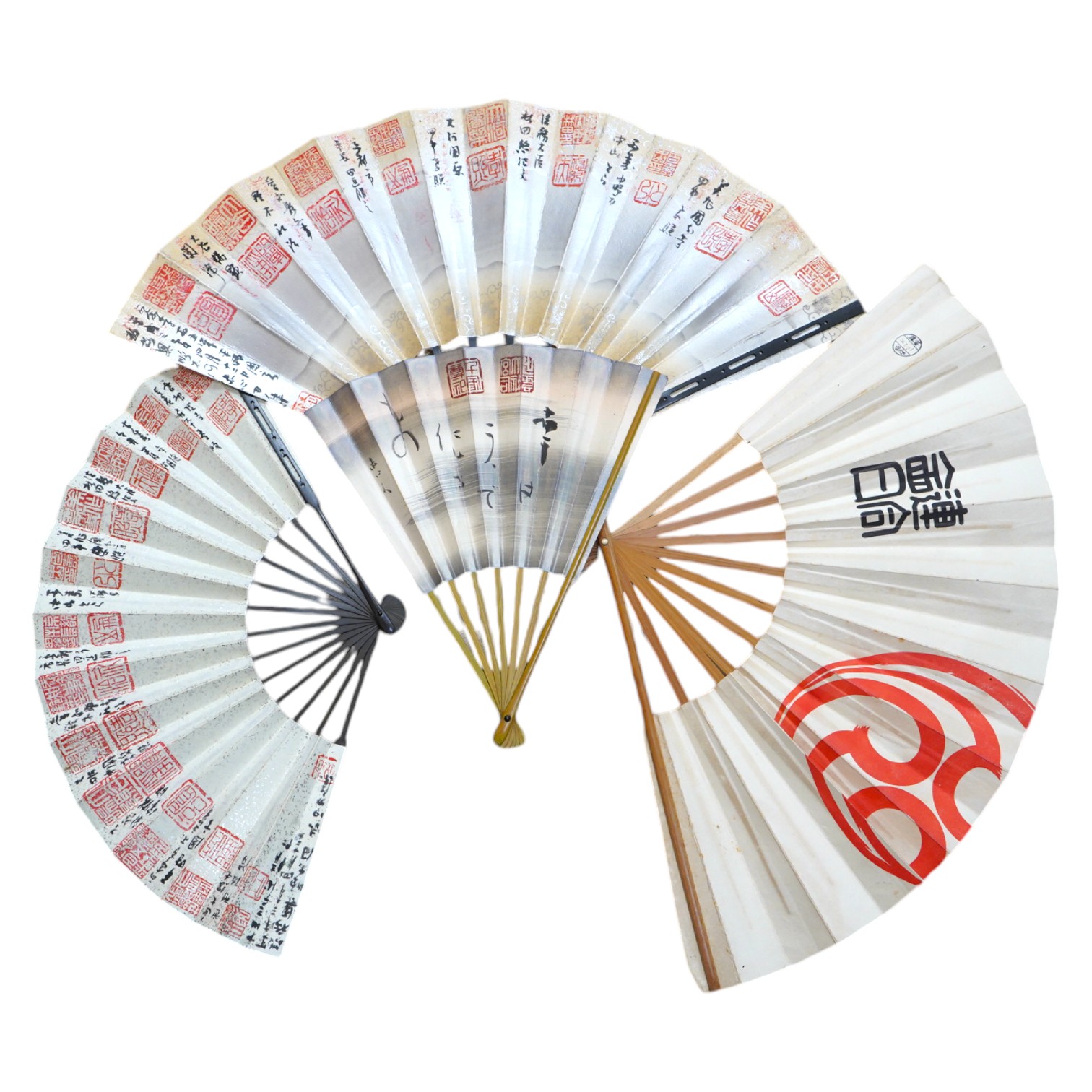 A collection of Japanese 20th century paper leaf fans, one hand painted with koi. Condition - varies, some rips/tears